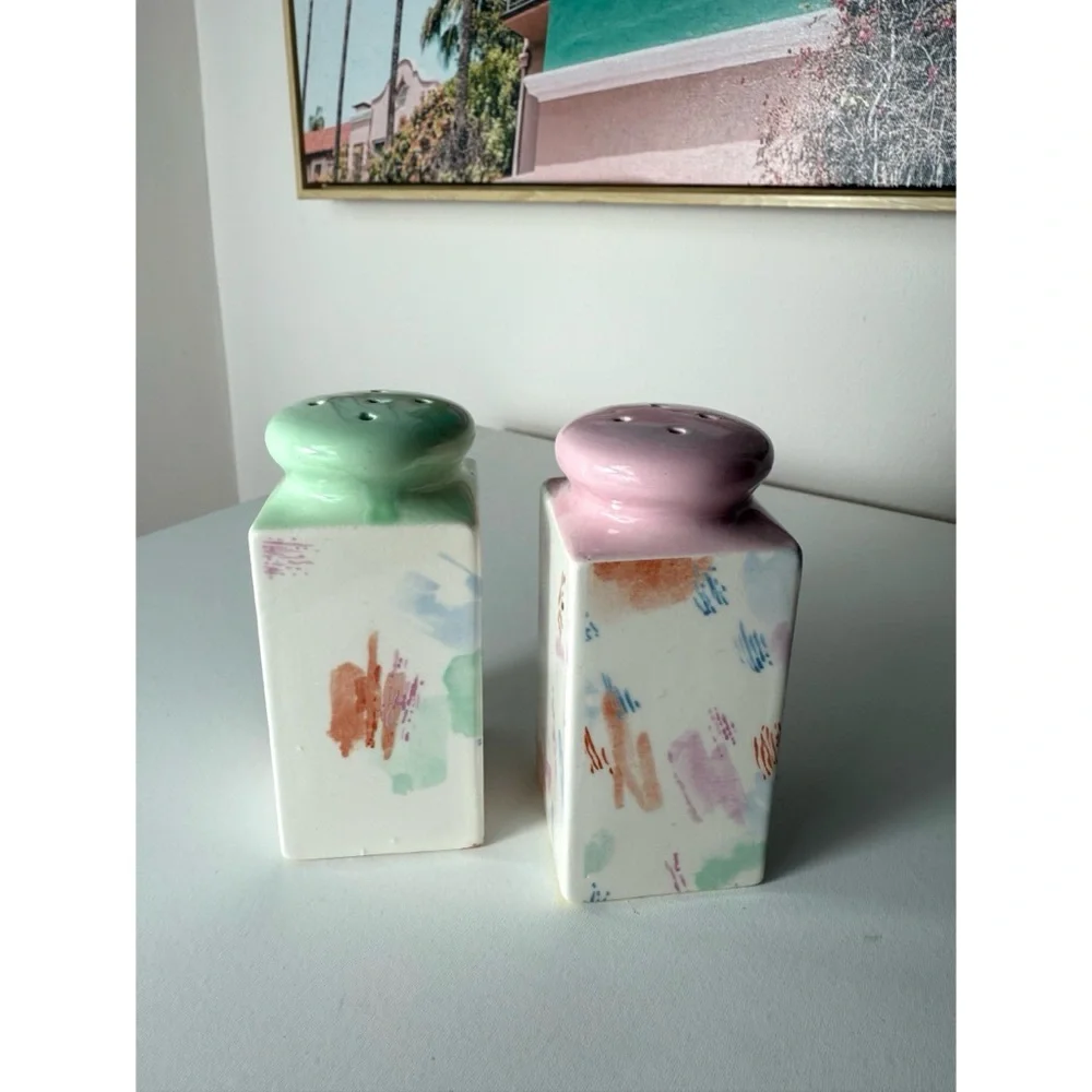 Vintage Pastel Abstract Art Salt & Pepper Shakers Japan Pink Green White Ceramic